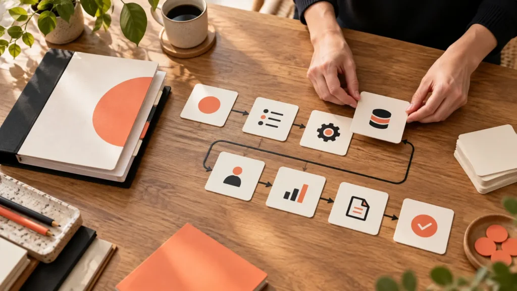 Mesa de trabajo con un manual modular y varias tarjetas de proceso conectadas