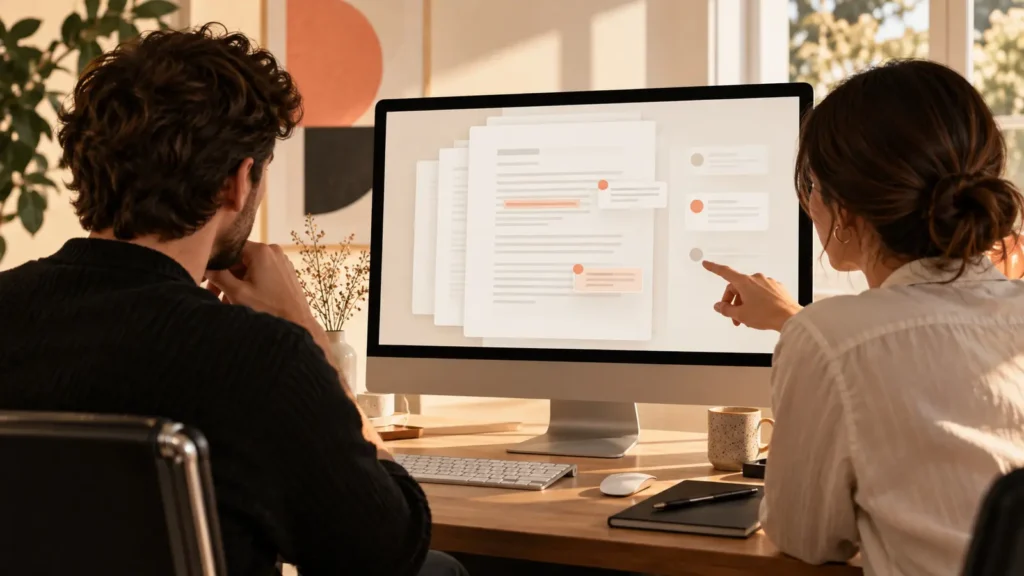 Dos personas revisando un documento digital compartido en una mesa de trabajo
