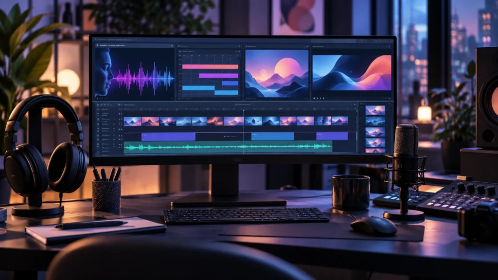 Puesto creativo con ondas de audio, imágenes y fragmentos de vídeo organizados en una misma composición