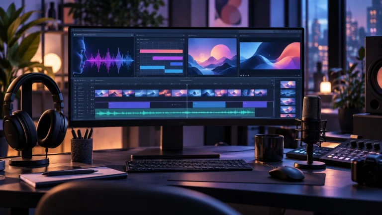 Puesto creativo con ondas de audio, imágenes y fragmentos de vídeo organizados en una misma composición