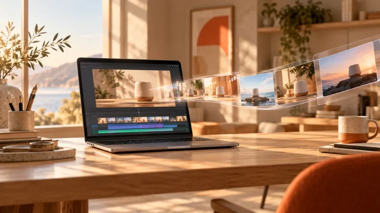 Google Vids generando escenas de vídeo con IA desde un portátil en un estudio creativo