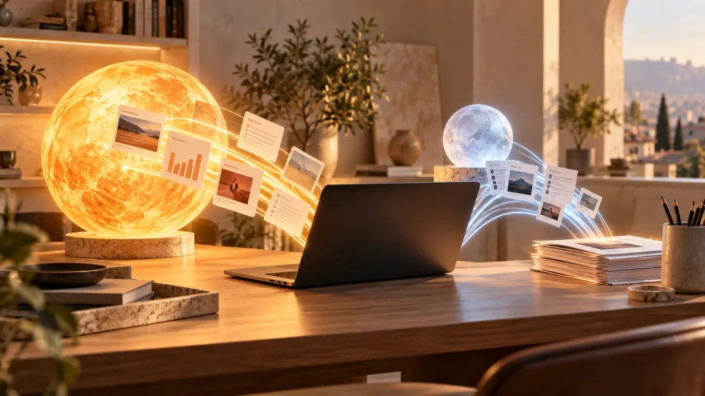 Dos esferas de luz, Sol y Luna, distribuyendo tareas de IA hacia un portátil
