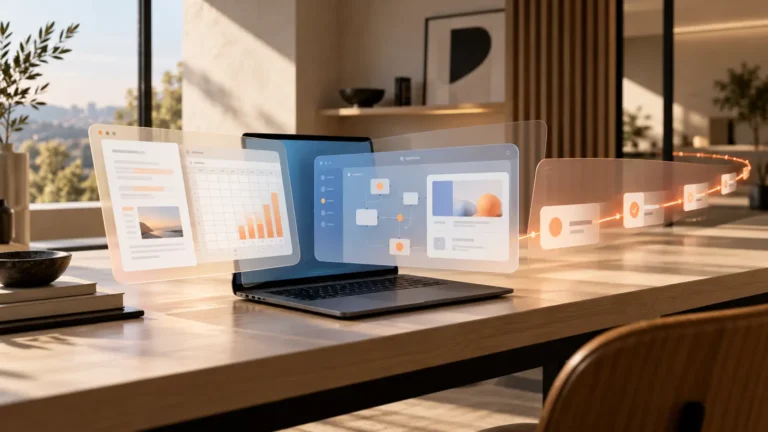 Espacio de trabajo de Copilot con documentos, una aplicación y tareas automatizadas alrededor de un portátil