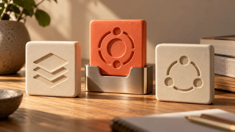 Fichas modulares de cerámica crema y coral, metáfora de instrucciones reutilizables de Gemini.