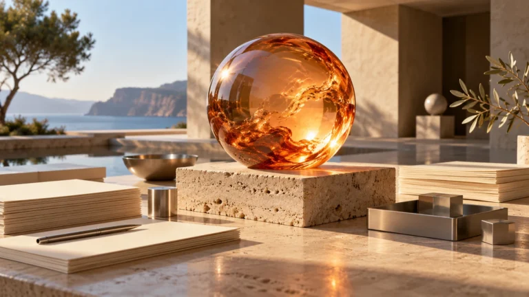 Esfera de vidrio ámbar sobre travertino con documentos, imagen conceptual del modelo GPT-6.1 Sol.
