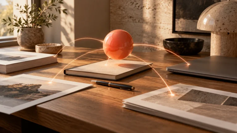 Esfera coral conectada a documentos sobre un escritorio cálido, ilustración conceptual de asistentes Dots.